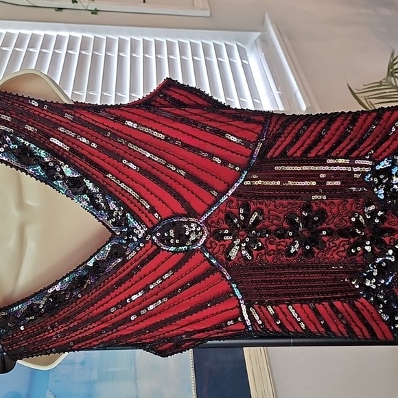 Sequin Flapper Dress Sleeveless Cocktail Party Fringe Red Black - Picture 3 of 3
